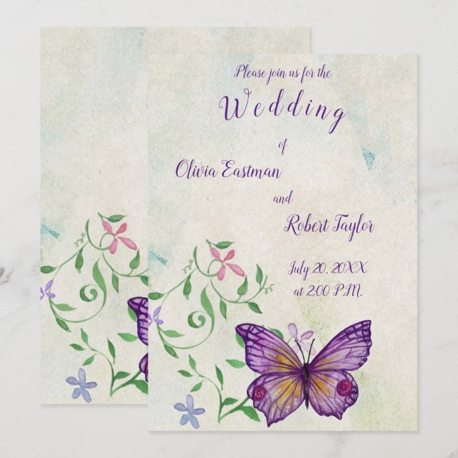 Personalised watercolor purple butterfly invitation (Front/Back)