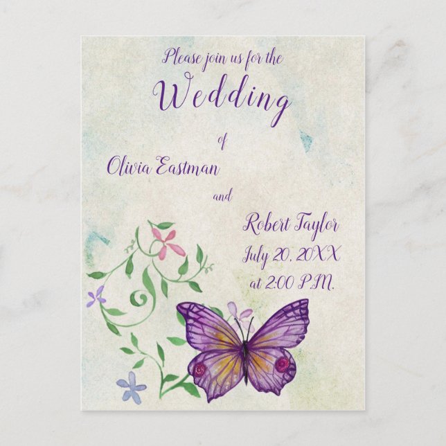 Personalised watercolor purple butterfly invitation postcard (Front)