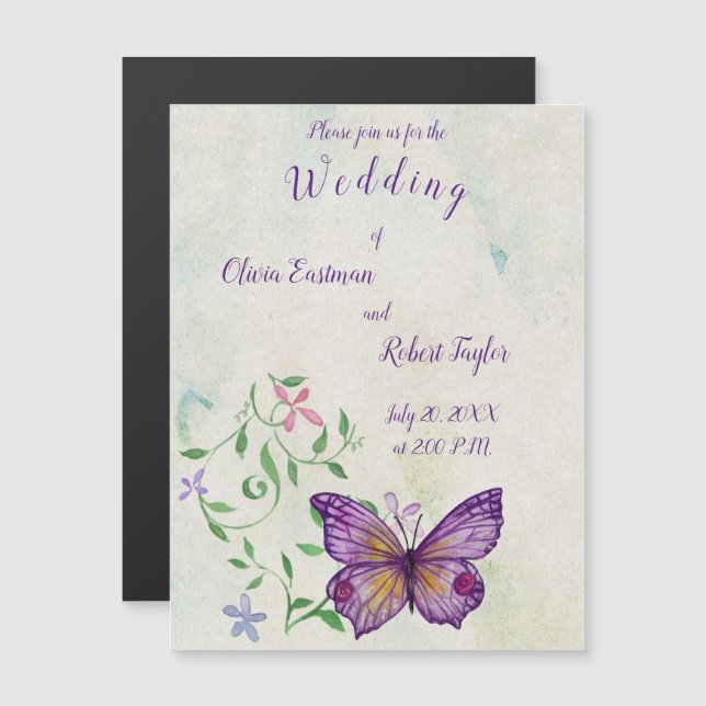 Personalised watercolor purple butterfly magnetic invitation (Front/Back)
