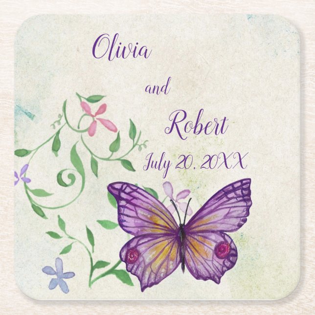 Personalised watercolor purple butterfly square paper coaster (Front)