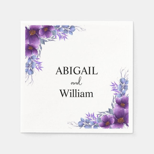 Personalised Watercolor Purple Flower Wedding Napkin (Front)