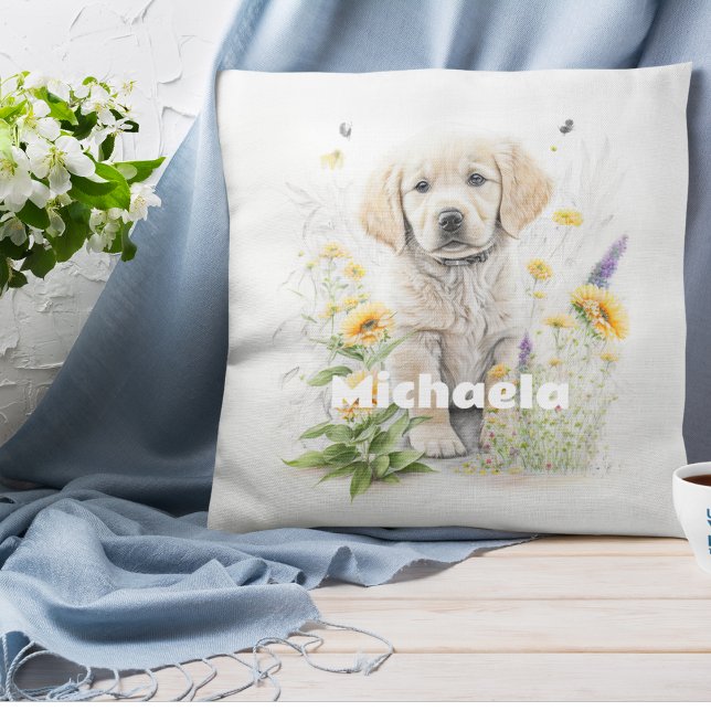 Personalised Watercolor Retriever Pup in Flowers Cushion (Creator Uploaded)