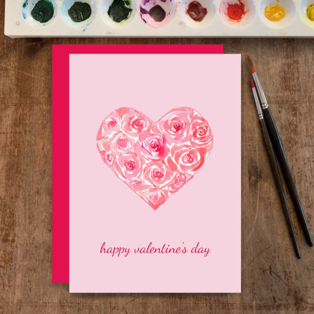 Personalised Watercolor Rose Heart Valentine's Day Holiday Card (Customize my hand painted watercolor roses in heart shape for a unique cute pink Valentines Day card)