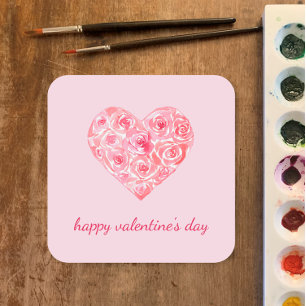Personalised Watercolor Rose Heart Valentine's Day Square Sticker
