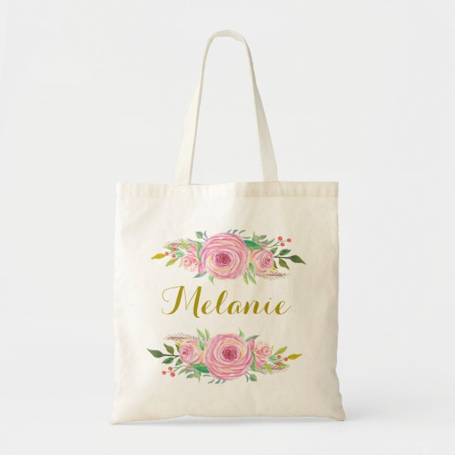 Personalised Watercolor Roses Floral Tote Bag (Front)