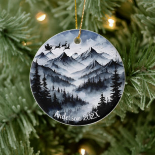 Personalised Watercolor Santa over Mountains Ceramic Tree Decoration