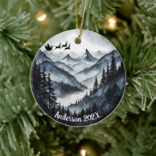 Personalised Watercolor Santa over Mountains Ceramic Tree Decoration