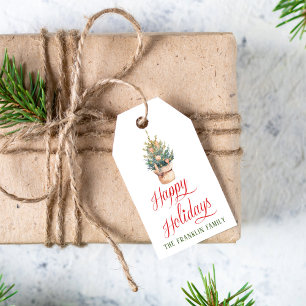 Personalised Watercolor Script Happy Holiday Tree Gift Tags