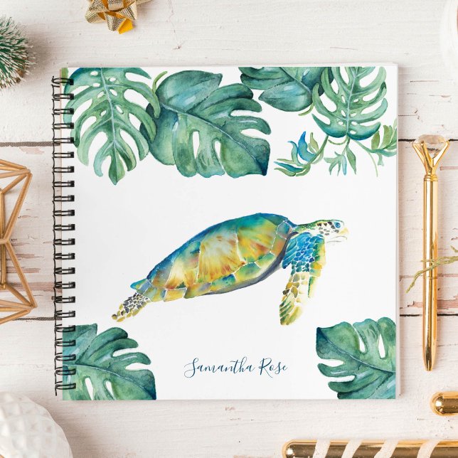 Personalised Watercolor Sea Turtle Journal (Cute notebooks personalized watercolor sea turtle and palm leaves by Victoria Grigaliunas)