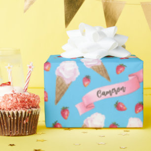 Personalised Watercolor Strawberry Ice Cream Cone Wrapping Paper