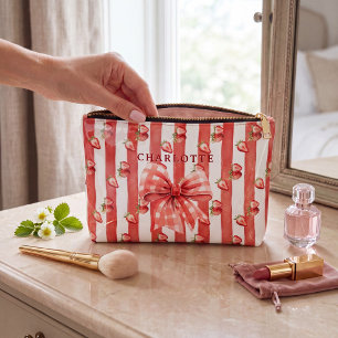 Personalised watercolor Strawberry Red Stripe Accessory Pouch