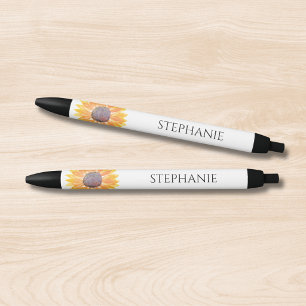 Personalised Watercolor Sunflower Black Ink Pen