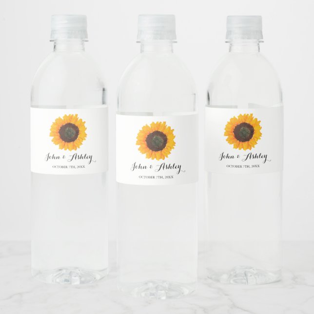 Personalised Watercolor Sunflower Fall Wedding Water Bottle Label (Bottles)