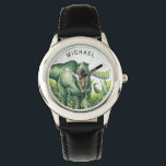 Personalised Watercolor T-Rex Dinosaur Kids' Watch<br><div class="desc">Add a child's name to this kids' watch,  featuring a high quality hand-painted watercolor T-Rex dinosaur with green jungle foliage. Makes a great personalised gift for Christmas,  a birthday or any other special occasion.</div>