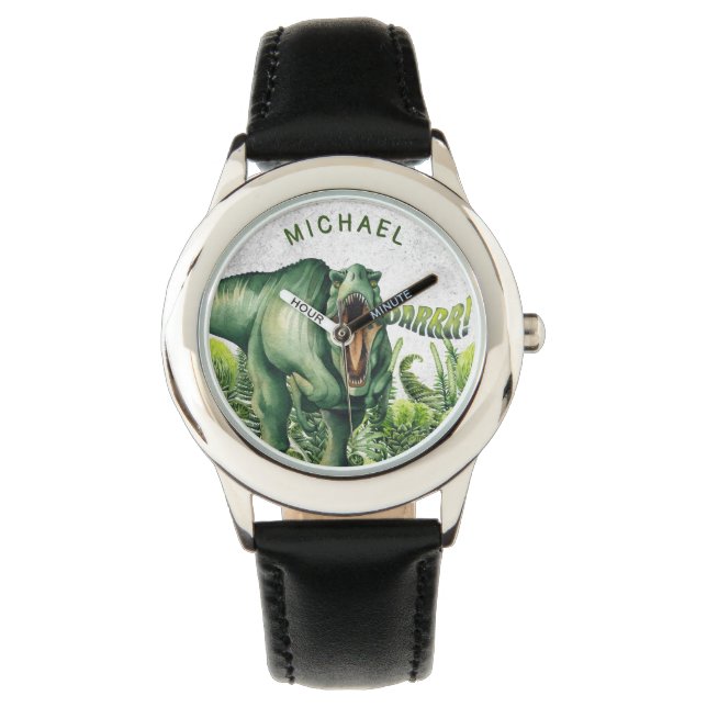 Personalised Watercolor T-Rex Dinosaur Kids' Watch (Front)