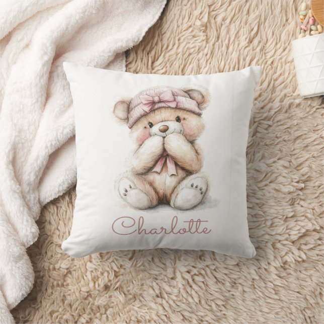 Personalised Watercolor Teddy Bear Girl Pink Bow  Cushion (Blanket)