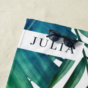 Personalised Watercolor Tropical Leaves Beach Towel