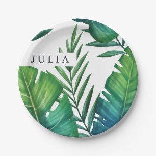 Personalised Watercolor Tropical Leaves Paper Plate
