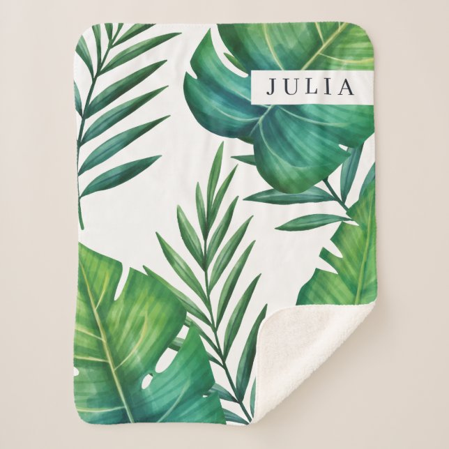 Personalised Watercolor Tropical Leaves Sherpa Blanket (Front)