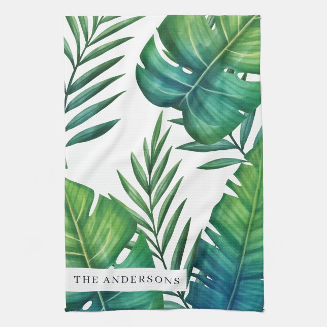 Personalised Watercolor Tropical Leaves Tea Towel (Vertical)