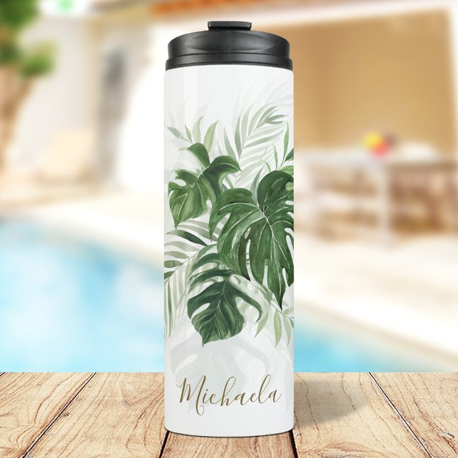 Personalised Watercolor Tropical Leaves Thermal Tumbler (Creator Uploaded)