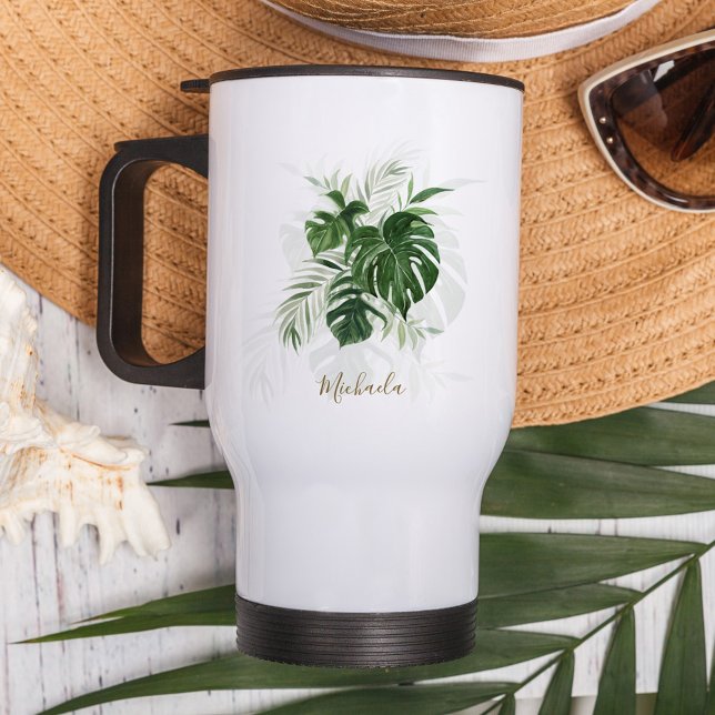 Personalised Watercolor Tropical Leaves Travel Mug (Creator Uploaded)