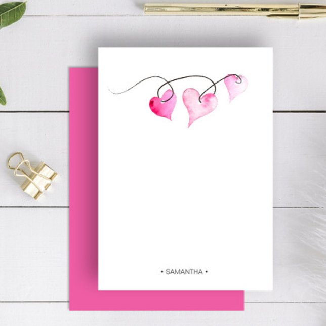 Personalised Watercolor Valentines Stationery Card (Personalized valentine's stationery features watercolor pink hearts by Victoria Grigaliunas )