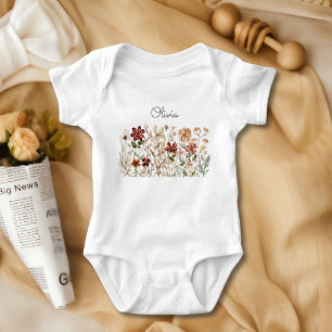 Personalised Watercolor Vintage Wildflower Floral Baby Bodysuit
