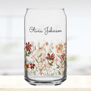 Personalised Watercolor Vintage Wildflower Floral Can Glass