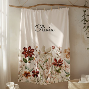 Personalised Watercolor Vintage Wildflower Floral Fleece Blanket