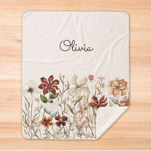 Personalised Watercolor Vintage Wildflower Floral Sherpa Blanket