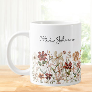 Personalised Watercolor Vintage Wildflower Meadow Large Coffee Mug
