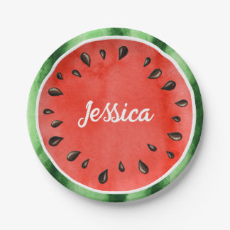 Personalised Watercolor Watermelon Slice Round Paper Plate