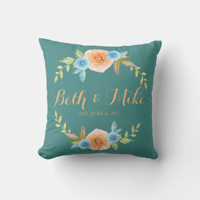 Personalised Watercolor Wedding Throw Pillow (Front)