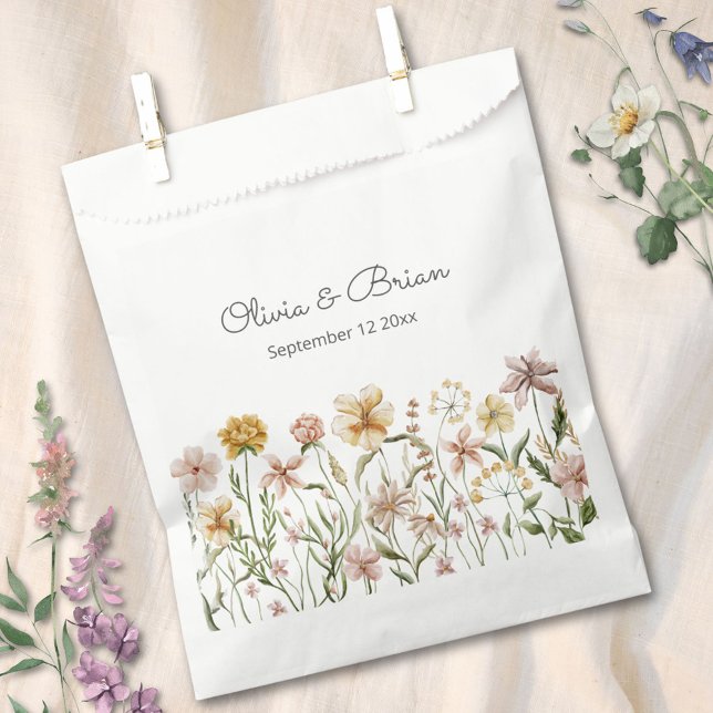 Personalised Watercolor Wildflower Meadow Floral Favour Bags (In situ)