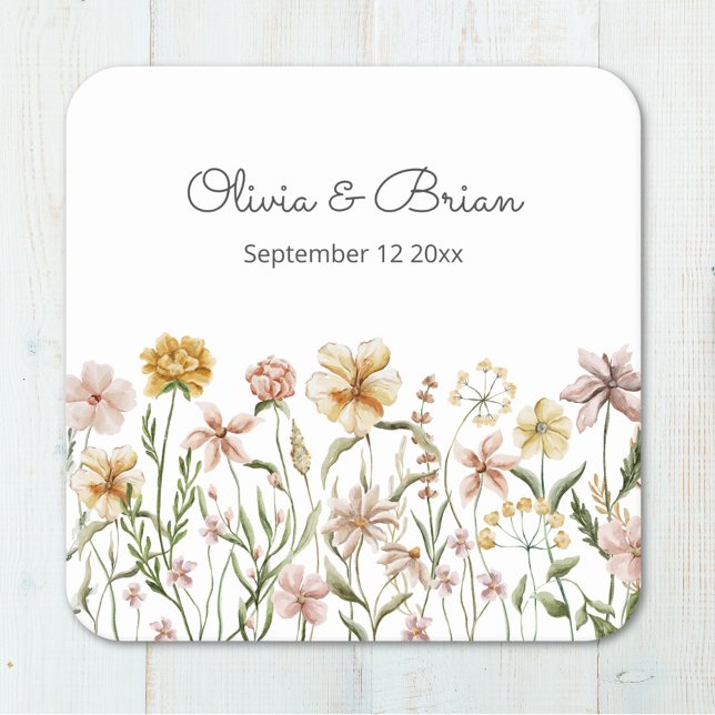 Personalised Watercolor Wildflower Meadow Floral Square Paper Coaster (Close up)