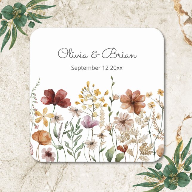 Personalised Watercolor Wildflower Pretty Floral Square Paper Coaster (Close up)