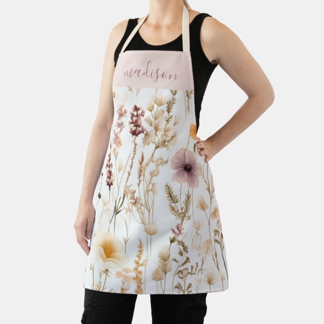 Personalised Watercolor Wildflowers Boho Apron (Insitu)