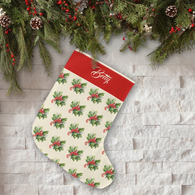 Personalised Watercolor Winter Foliage Scandinavan Large Christmas Stocking (Creator Uploaded)