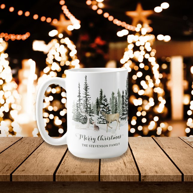 Personalised Watercolor Woodland Merry Christmas Coffee Mug (Personalized Watercolor Woodland Merry Christmas Coffee Mug)
