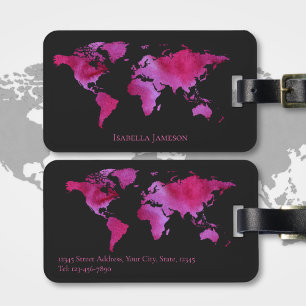 Personalised Watercolor World Map Hot Pink Black Luggage Tag