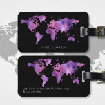 Personalised Watercolor World Map Purple and Black Luggage Tag<br><div class="desc">A pretty,  personalised luggage tag featuring a watercolour world map in purple set against a black background. The design is on both sides of the luggage tag and you can easily customise with your name and contact details.</div>