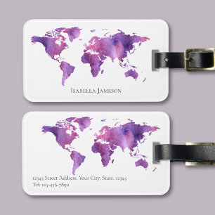 Personalised Watercolor World Map Purple Pink Luggage Tag