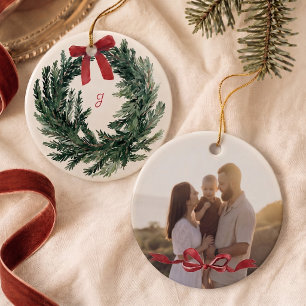 Personalised Watercolor Wreath Photo Christmas Ceramic Tree Decoration