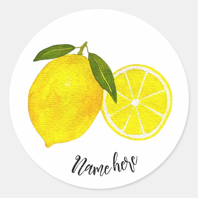 Personalised Watercolor Yellow Lemons Classic Round Sticker (Front)