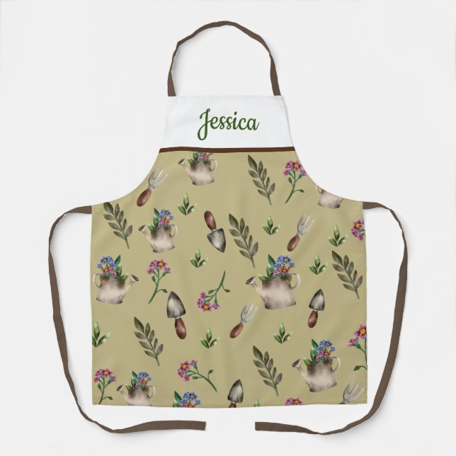 Personalised Watering Can and Flowers Gardening  Apron (Front)