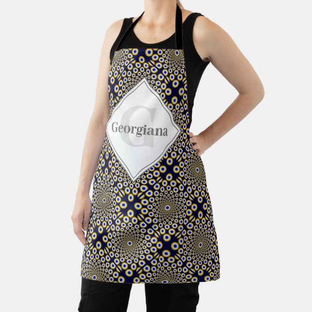 Personalised We Are Watching You Navy & Gold Tiled Apron (Insitu)