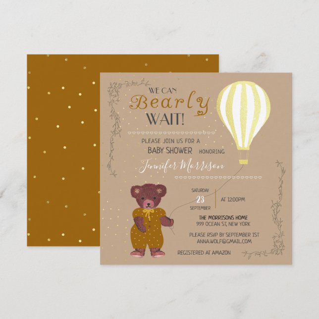 Personalised We Can Bearly Wait Baby Shower Girl I Invitation (Front/Back)