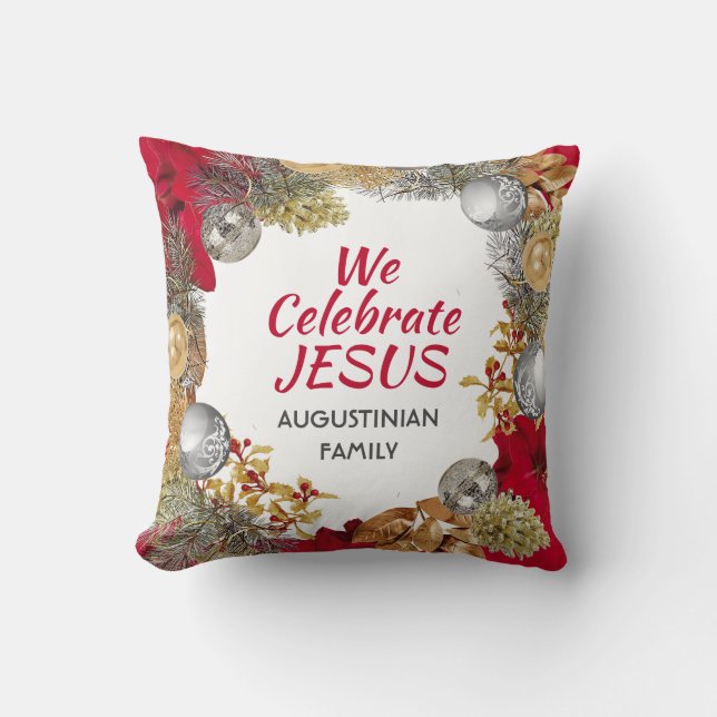 Personalised WE CELEBRATE JESUS Christmas Cushion (Front)
