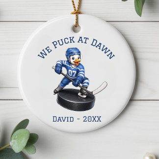 Personalised We Puck at Dawn Hockey Player Ornamen Ceramic Tree Decoration